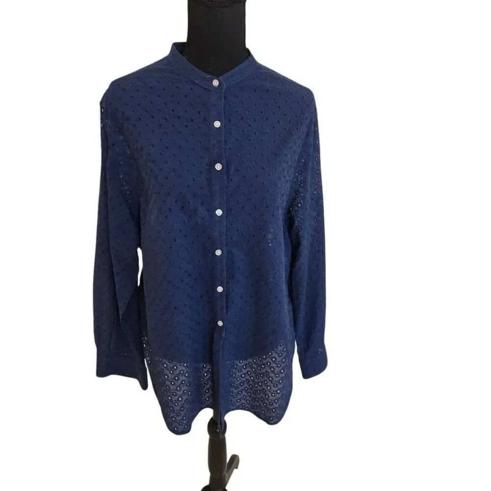 Lauren Ralph Lauren Womens Eyelet Cotton Button Front Blouse Navy Blue Size 2X
